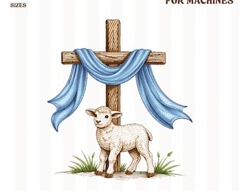 Easter Cross and Lamb Embroidery Design, He is Risen Embroidery Machine File, Spring Lamb Embroidery, Christian Easter Stitch Embroidery