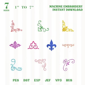 May include: A digital collection of machine embroidery designs featuring eleven decorative corner and border motifs in various colors including red, green, yellow, purple, pink, blue, and teal. Text reads 7 SIZES 1 TO 7, MACHINE EMBROIDERY INSTANT DOWNLOAD, PES, DST, EXP, JEF, VP3, HUS.