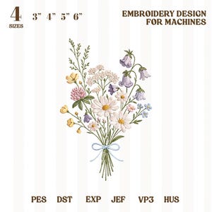 May include: An embroidery design for machines featuring a detailed floral bouquet. The bouquet includes daisies, bellflowers, and other wildflowers, tied with a blue ribbon. The design is available in 4 sizes: 3", 4", 5", and 6".