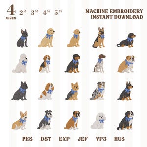 Dog Breeds With Bow Embroidery Design Bundle, 20 Popular Dogs with Blue Bows, Puppy Machine Embroidery, Pes Dst Jef Vp3, INSTANT DOWNLOAD