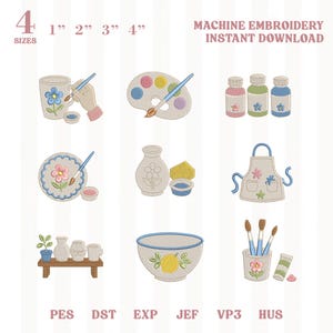 Pottery Painting Embroidery Design Bundle, Ceramic Studio Mini Icons, Mug Plate Bowl Paint Brushes, Pes Dst Jef , instant download