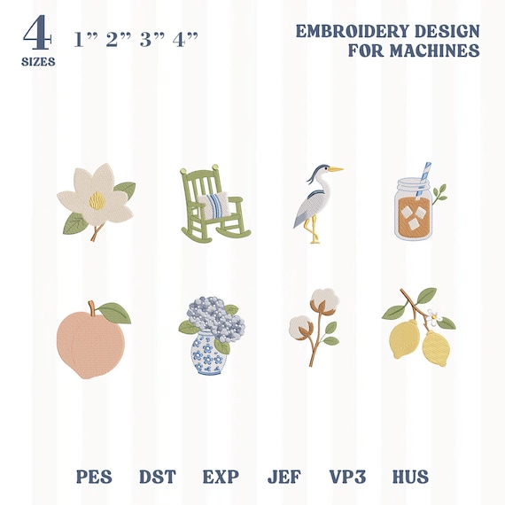 Southern Charm Embroidery Design Bundle, Magnolia Lemon Peach Jar Rocking Chair Heron Icons, Cottage Farm Embroidery Files, Instant Download