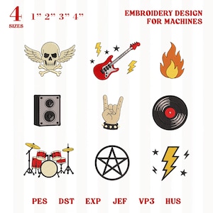 May include: An embroidery design sheet featuring rock and roll themed images. Designs include a skull with wings, a red guitar, a flame, a speaker, a hand making the rock on gesture, a vinyl record, a drum set, a pentagram, and a lightning bolt. The text "EMBROIDERY DESIGN FOR MACHINES" is also present.