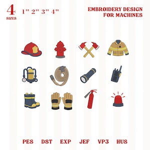 Può includere: Un foglio di design per ricamo con icone a tema pompiere. Include un casco rosso, un idrante, asce incrociate, una giacca, una bombola di ossigeno, un tubo, una torcia, un walkie-talkie, stivali, guanti, un estintore e una sirena. Testo: "EMBROIDERY DESIGN FOR MACHINES."