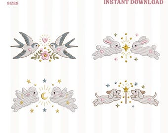 May include: A machine embroidery digital file set featuring four designs: two swallows with a heart and flowers, two rabbits with a star, two winged lambs with a crescent moon, and two dogs with a magic wand. Text includes 4 SIZES 2" 3" 4" 5" and file formats.