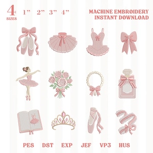 Könnte beinhalten: Eine Sammlung von zwölf rosa Maschinenstickmustern, darunter Ballettschuhe, ein Tutu, ein Trikot, Schleifen, eine Ballerina, ein Rosenstrauß, eine Perlenkette, ein Parfümflakon, ein offenes Buch, ein Diadem und Bänder. Text: 4 SIZES 1" 2" 3" 4" MACHINE EMBROIDERY INSTANT DOWNLOAD.
