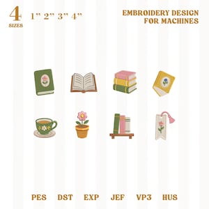 Op de afbeelding: Een borduurontwerp set met boekgerelateerde motieven, waaronder een open boek, stapels boeken en een bladwijzer. De ontwerpen zijn in de maten 2.5 cm, 5 cm, 7.6 cm en 10 cm. Bevat ook een theekopje, bloempot en bloemmotief.