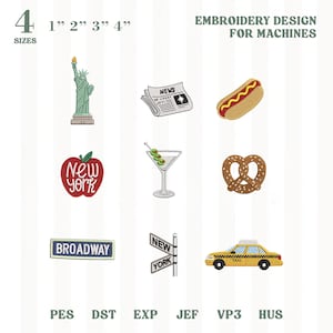 May include: Embroidery design set with New York City motifs. Includes the Statue of Liberty, a newspaper, a hot dog, a martini, a pretzel, a New York apple, a Broadway sign, a New York street sign, and a yellow taxi. Sizes range from 2.5 cm to 10 cm.