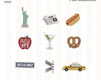 Paquete de diseños de bordado de Nueva York, iconos de la ciudad de Nueva York: estatua, taxi, pretzel, martini, Broadway, archivos para máquinas de bordar estilo de vida urbano, DESCARGA INSTANTÁNEA