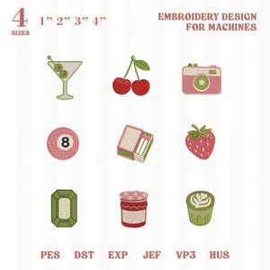 Op de afbeelding: Een borduurontwerpblad met negen kleurrijke geborduurde patches. Ontwerpen omvatten een martini, kersen, een camera, een achtbal, een lucifersdoos, een aardbei, een edelsteen, een pot jam en een latte. De tekst "EMBROIDERY DESIGN FOR MACHINES" is ook aanwezig.