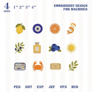 May include: Embroidery design for machines featuring various motifs, including a lemon, an eye, an orange slice, and a perfume bottle. Other designs include blueberries, a sun, sardines, a crab, a ticket, and a sprig. The designs are available in 4 sizes.