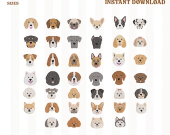 Paquete de 40 diseños de bordado a máquina de razas de perros, archivos de bordado de caritas de cachorros adorables, DESCARGA INSTANTÁNEA