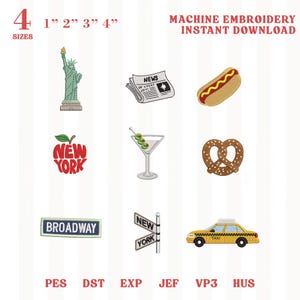 New York Embroidery Design Bundle, NYC Icons Statue Taxi Pretzel Martini Broadway, City Lifestyle Machine Files, INSTANT DOWNLOAD