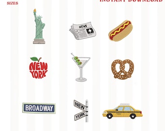 May include: A machine embroidery digital file set featuring nine New York-themed icons: Statue of Liberty, newspaper, hot dog, New York apple logo, martini, pretzel, Broadway sign, street sign, and yellow taxi. Includes 1", 2", 3", 4" sizes.