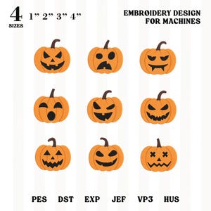 Pacchetto di disegni per ricamo di volti di zucche di Halloween, mini icone di zucche spettrali, disegni per Halloween autunnali, DOWNLOAD IMMEDIATO