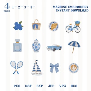 May include: A machine embroidery digital file set featuring twelve blue and white icons including blueberries, a basket, a croissant, a bicycle, a perfume bottle, a ginger jar, a car, an umbrella, tennis rackets, a sailboat, a bow, and a coffee cup.