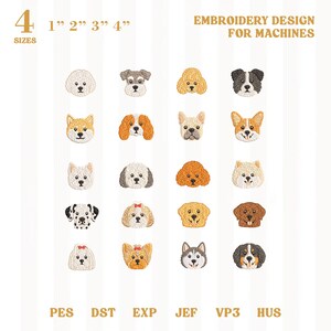 Puede incluir: Una colección de diseños de bordado a máquina con varias razas de perros. Los diseños están disponibles en cuatro tamaños: 2.5 cm, 5 cm, 7.6 cm y 10 cm. La imagen incluye el texto "EMBROIDERY DESIGN FOR MACHINES" y abreviaturas de tipos de archivo.