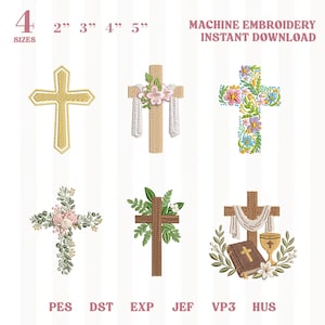 May include: Six machine embroidery designs featuring various cross motifs, including a plain gold cross, a wooden cross with flowers, a floral cross, a rose-adorned cross, a leafy cross, and a cross with a bible and chalice. Text reads 4 SIZES 2" 3" 4" 5".