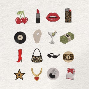 May include: Embroidered patches featuring various pop culture icons. Includes cherries, lipstick, red lips, a leopard print lighter, a vinyl record, a clam, a martini, a stack of money, a red boot, a leopard print purse, sunglasses, a 9-ball, a star, a necklace, a soda can, and a pack of cigarettes.