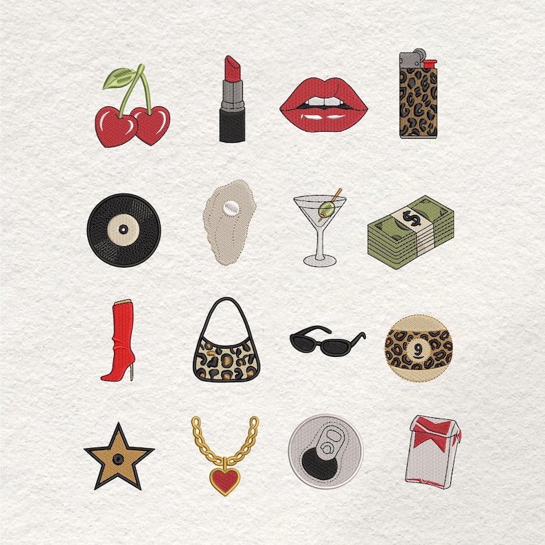 May include: Embroidered patches featuring various pop culture icons. Includes cherries, lipstick, red lips, a leopard print lighter, a vinyl record, a clam, a martini, a stack of money, a red boot, a leopard print purse, sunglasses, a 9-ball, a star, a necklace, a soda can, and a pack of cigarettes.
