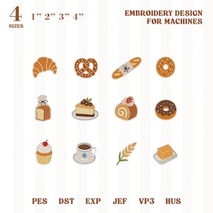 Broderipaket för bageri, broderimönster för bröd, kaffe och dessert, maskinbroderifiler för croissant, kringla och munk, direkt nedladdning