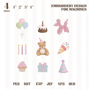 Puede incluir: Diseño de bordado para máquinas con motivos de cumpleaños. Incluye globos, una tarta, un animal de globo, velas, un oso de peluche, un cuerno de fiesta, una magdalena, una caja de regalo y un gorro de fiesta. Tamaños de 2.5 a 10 cm.