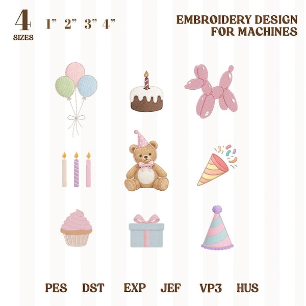 Mini Set Birthday Icons Embroidery Design, Happy Birthday, Balloons, Birthday Cake, Party Hat, Bear Embroidery