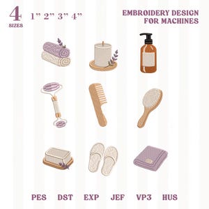 Spa broderidesign set med 9, självvårdsbadikoner paket, wellness maskinbroderifiler, direkt nedladdning