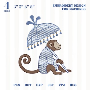 Puede incluir: Diseño de bordado a máquina de un mono bajo un paraguas. El mono lleva una bata estampada y sostiene el paraguas. Disponible en 4 tamaños: 7,6 cm, 12,7 cm, 15,2 cm y 20,3 cm. El diseño incluye el texto "EMBROIDERY DESIGN FOR MACHINES".