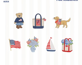 Paquete de mini bordados patrióticos de verano, diseños de bordado estadounidenses de estilo americano, archivos de bordado costeros para el 4 de julio, DESCARGA INSTANTÁNEA