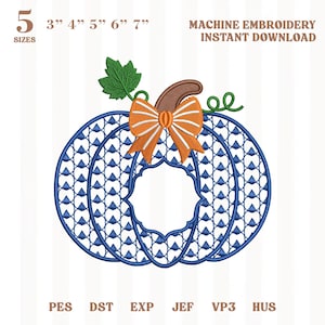 May include: A machine embroidery design of a pumpkin with a blue lattice pattern, a brown stem, a green leaf, and an orange bow. The text reads 5 SIZES 3" 4" 5" 6" 7" MACHINE EMBROIDERY INSTANT DOWNLOAD and lists file formats PES DST EXP JEF VP3 HUS.