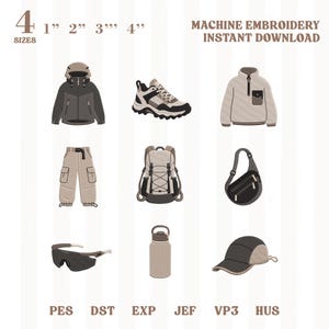 Può includere: Un set di file digitali per ricamo a macchina con nove icone di attrezzatura outdoor: giacca, sneaker, pile, pantaloni cargo, zaino, borsa a tracolla, occhiali, borraccia e cappellino. Testo: 4 dimensioni 1 2 3 4 pollici e formati PES DST EXP JEF VP3 HUS.