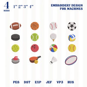 Pode incluir: Um conjunto de designs de bordado digital para máquinas com 16 ícones com temática esportiva, incluindo uma bola de futebol americano, basquete, beisebol, futebol, disco de hóquei, bola de tênis, bola de golfe, vôlei, pickleball e peteca.