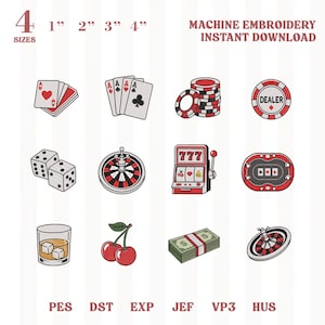 Puede incluir: Un conjunto de archivos de bordado a máquina con iconos de casino que incluyen cartas, fichas, dados, ruleta, tragamonedas, mesa de póquer, vaso con hielo, cerezas y fajos de billetes. El texto dice 4 SIZES 1" 2" 3" 4".