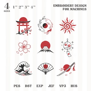 May include: A collection of nine machine embroidery designs featuring Japanese-inspired motifs in red and black, including a torii gate, koi fish, sun, cherry blossom, Mount Fuji, wind chime, wave, fan, and katana. Text includes 4 SIZES 1" 2" 3" 4".