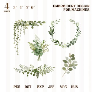 Może przedstawiać: Wzór haftu maszynowego z elementami botanicznymi. Obraz zawiera różne zielone liście i kompozycje kwiatowe, w tym wieniec i projekty narożników. Rozmiary wzorów to 7,6 cm, 10,2 cm, 12,7 cm i 15,2 cm. Obecny jest również tekst "EMBROIDERY DESIGN FOR MACHINES".