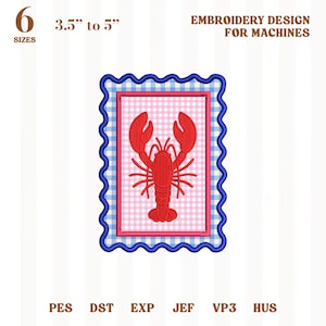 May include: Red lobster embroidery design within a blue and white scalloped border. The design is set on a pink and white gingham background. The image includes the text "EMBROIDERY DESIGN FOR MACHINES" and sizes ranging from 3.5" to 5".