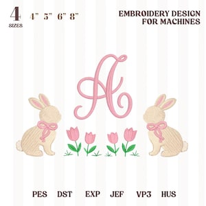Könnte beinhalten: Ein Stickdesign für Maschinen mit einem rosa Buchstaben "A", zwei Hasen mit rosa Schleifen und rosa Tulpen. Das Design ist in 4 Größen erhältlich: 10,16 cm, 12,7 cm, 15,24 cm und 20,32 cm. Das Bild enthält auch Dateityp-Abkürzungen.