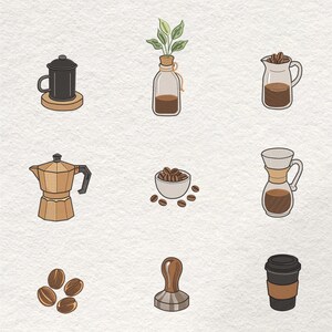 May include: A collection of coffee-themed illustrations. The image features a black coffee pot on a wooden coaster, a glass jar with a plant, a glass pitcher with coffee beans, a gold coffee maker, a bowl of coffee beans, a pour-over coffee maker, coffee beans, a coffee tamper, and a to-go coffee cup.