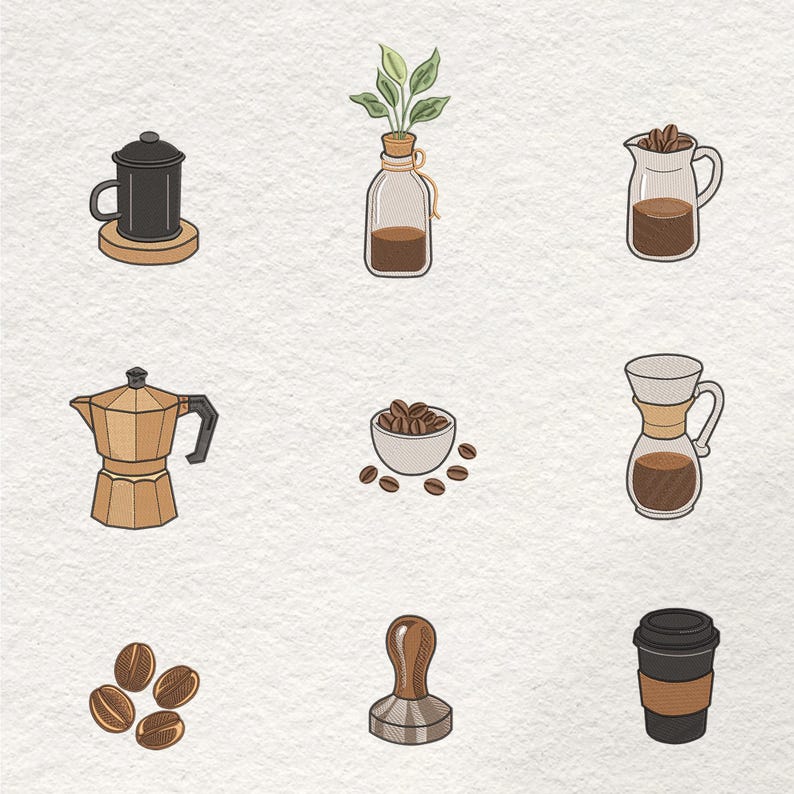 May include: A collection of coffee-themed illustrations. The image features a black coffee pot on a wooden coaster, a glass jar with a plant, a glass pitcher with coffee beans, a gold coffee maker, a bowl of coffee beans, a pour-over coffee maker, coffee beans, a coffee tamper, and a to-go coffee cup.