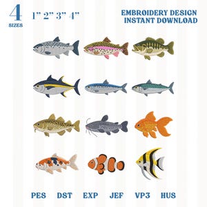 Könnte beinhalten: Ein Stickdesign zum sofortigen Download mit zwölf verschiedenen Fischarten in unterschiedlichen Farben und Mustern. Der Text lautet 4 SIZES 1" 2" 3" 4" EMBROIDERY DESIGN INSTANT DOWNLOAD und listet die Formate PES DST EXP JEF VP3 HUS auf.