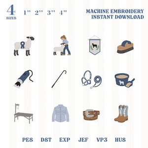Puede incluir: Un conjunto de descarga instantánea para bordado a máquina con 12 iconos: una oveja con cinta azul, una persona con oveja, un estandarte, un cepillo, una esquiladora, un cayado, un cabestro, un cubo de pienso, una mesa, una camisa, un cinturón y botas.