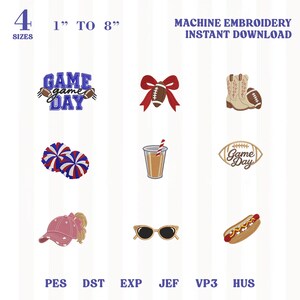 May include: A digital collection of machine embroidery designs featuring football-themed icons including a Game Day logo, a football with a red bow, cowboy boots, pom-poms, a drink, a hot dog, a baseball cap, and sunglasses in 4 sizes from 1" to 8".