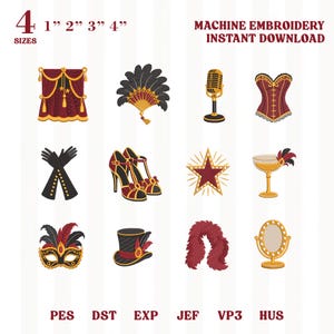 May include: A digital collection of twelve machine embroidery designs featuring cabaret-themed icons including stage curtains, a feather fan, a microphone, a corset, gloves, high heels, a star, a cocktail glass, a mask, a top hat, a boa, and a mirror.