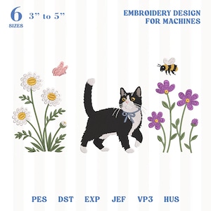 May include: Embroidery design for machines featuring a black and white cat with a blue bow, flowers, a butterfly, and a bee. The design is available in 6 sizes, ranging from 3" to 5". The image also includes the text "EMBROIDERY DESIGN FOR MACHINES".