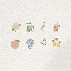 Puede incluir: Colecci&oacute;n de iconos ilustrados con una flor de magnolia, una mecedora verde, una garza, t&eacute; helado, un melocot&oacute;n, hortensias azules en un jarr&oacute;n, ramitas de algod&oacute;n y limones. Los iconos est&aacute;n en una paleta de colores pastel.