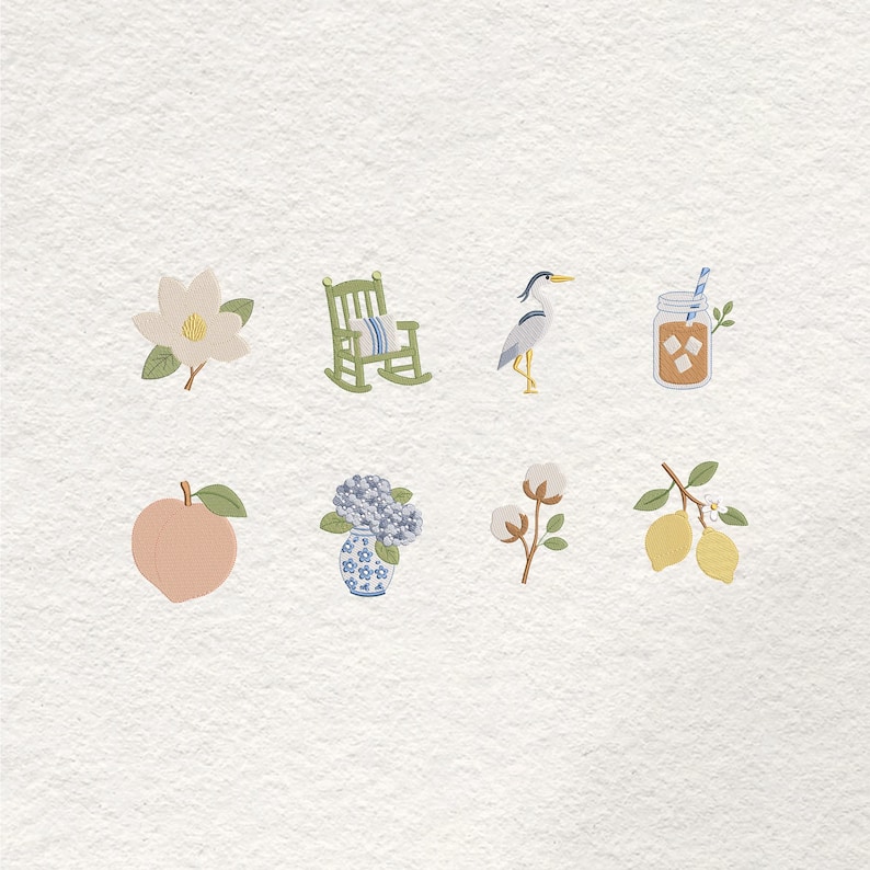Puede incluir: Colecci&oacute;n de iconos ilustrados con una flor de magnolia, una mecedora verde, una garza, t&eacute; helado, un melocot&oacute;n, hortensias azules en un jarr&oacute;n, ramitas de algod&oacute;n y limones. Los iconos est&aacute;n en una paleta de colores pastel.