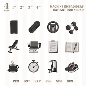 May include: A machine embroidery instant download set featuring 12 fitness-themed icons including a smartphone, foam roller, 10kg weight plate, dumbbells, bench, laptop, clipboard, notebook, coffee cup, stopwatch, gym machine, and sneakers in 4 sizes.