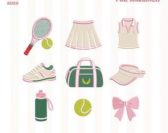 May include: An embroidery design set featuring tennis-themed elements. The design includes a tennis racket, ball, skirt, vest, shoes, duffel bag, visor, water bottle, and a bow. The text reads "EMBROIDERY DESIGN FOR MACHINES" and "4 SIZES 1" 2" 3" 4" .