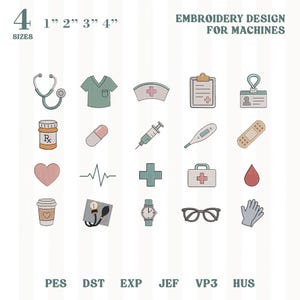 May include: An embroidery design for machines featuring medical icons. The design includes a stethoscope, scrubs, a nurse's cap, a clipboard, an ID badge, a pill bottle, a capsule, a syringe, a thermometer, a bandage, a heart, an EKG line, a cross, a medical bag, a blood drop, a coffee cup, a blood pressure monitor, a watch, glasses, and gloves.